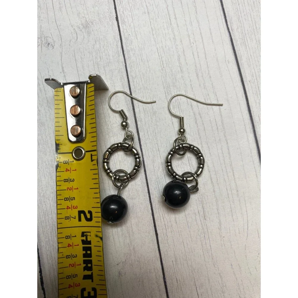 Silver Tone Hoop Dangle Earrings with Black Bead Drop 1.5 Inch - Picture 3 of 3